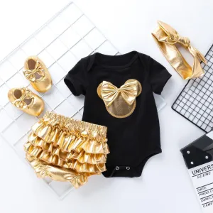 4-Piece Romper, Gold PP Shorts and Shoes with Headband for Baby Clothing Wholesale