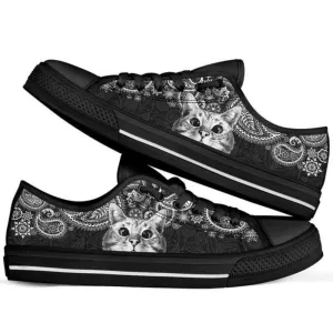 Cat Paisley Black White Low Top Shoes - Stylish Footwear, Cat Canvas Shoes