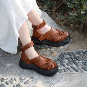 Genuine Leather Platform Sandals Ankle Strap Gladiator Sandals in Brown