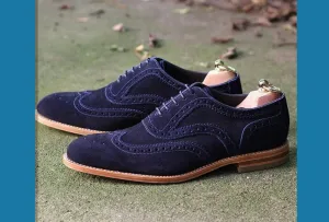 Handmade Men's Navy Blue Suede Shoes, Lace Up Stylish Wing Tip Brogue Dress Formal Shoes