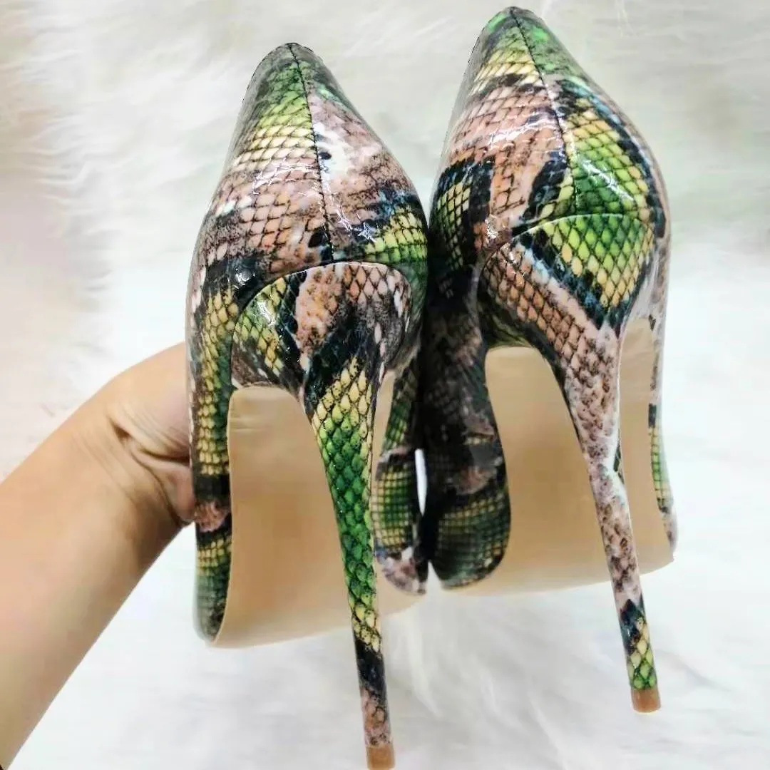 High-heels with green snakeskin pattern, Fashion Evening Party Shoes, yy18