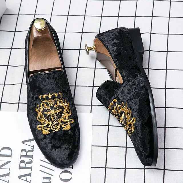 Men's Black Velvet Gold Crest Opera Pump Driving Moccasins