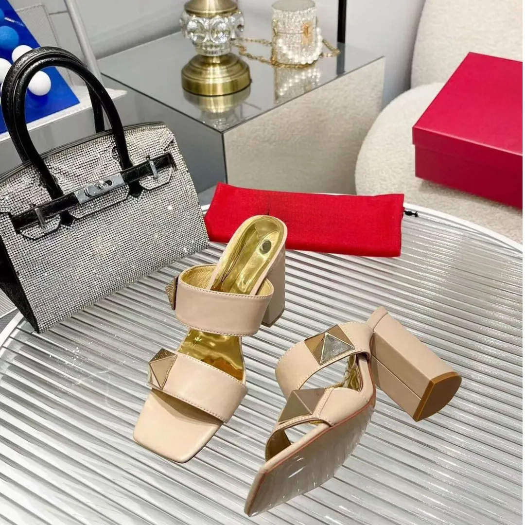 Pre Order:  Chunky Heel One Line Strap Rivet Sandals