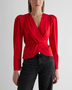 Satin Puff Shoulder Draped Faux Wrap Peplum Top in Lipstick Red