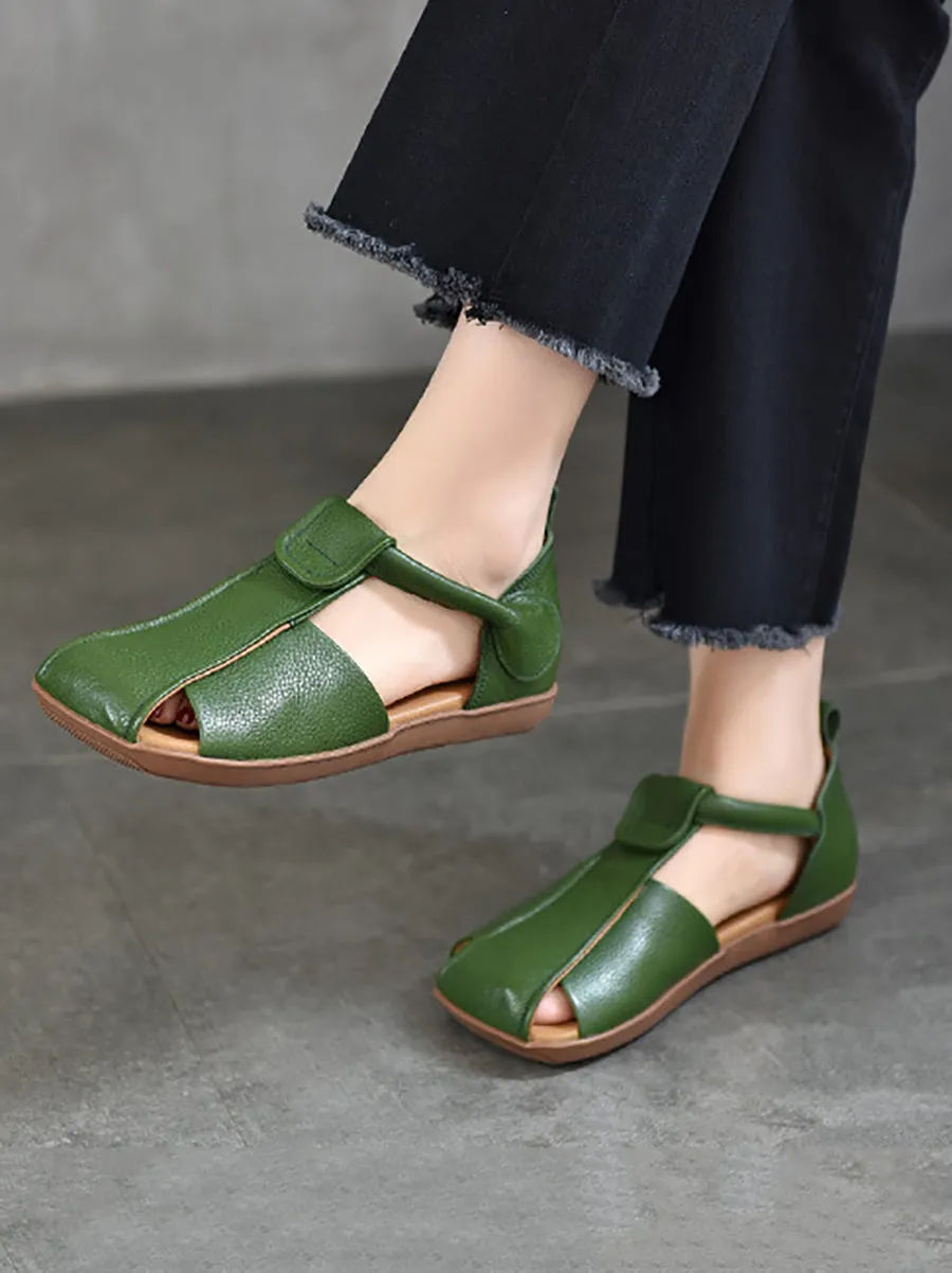 Women Summer Vintage Soft Leather Spliced Flat Sandals