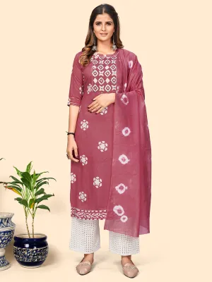 Women'S Batik Print & Mirror Straight Chanderi Magenta Stitched Kurta With Dupatta