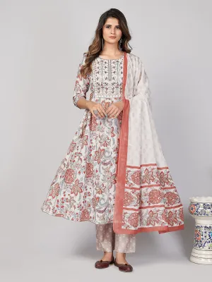 Women'S Printed & Embroidered & Mirror Work Anarkali Cotton White Stitched Kurta Pant With Dupatta