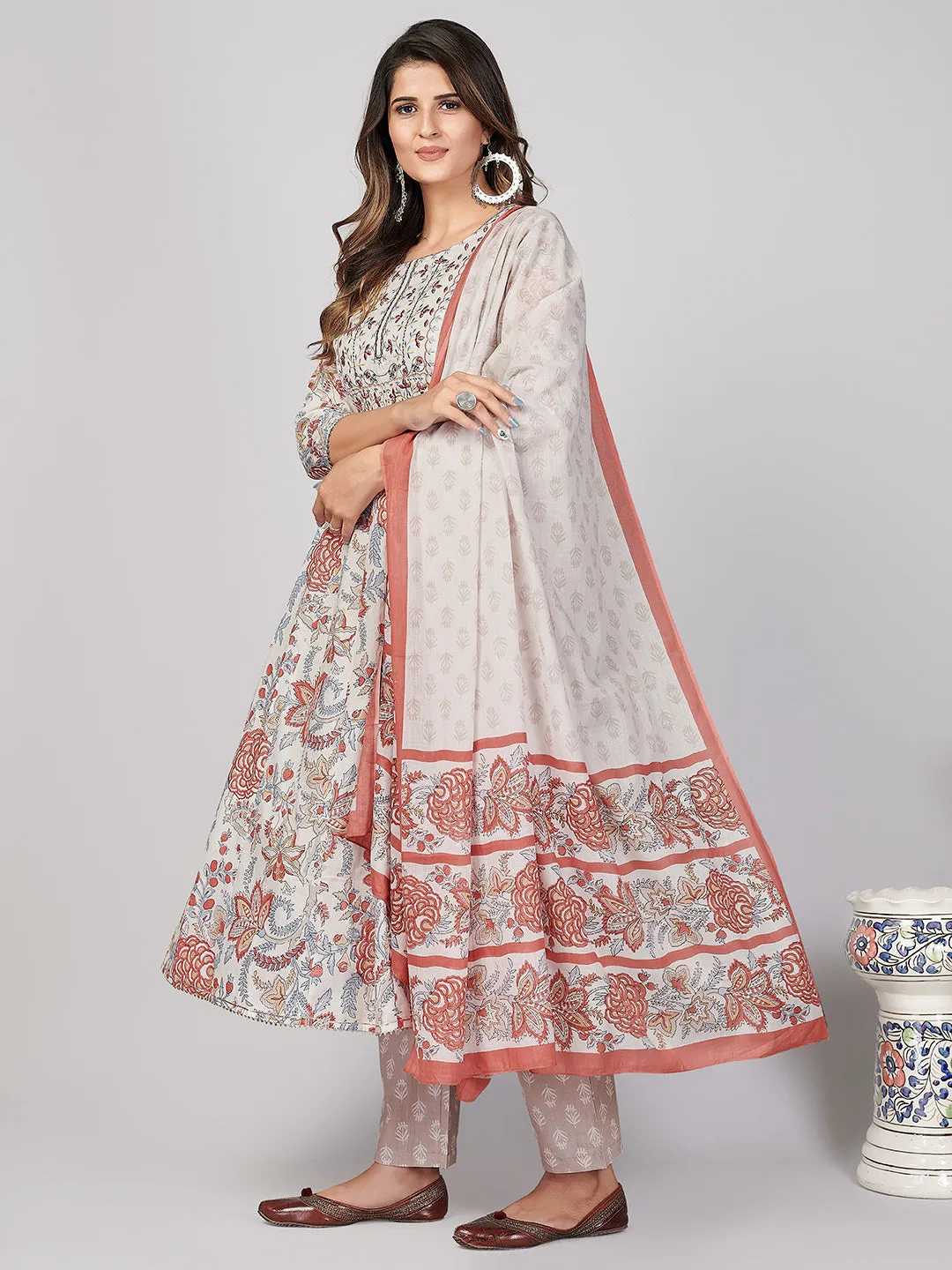 Women'S Printed & Embroidered & Mirror Work Anarkali Cotton White Stitched Kurta Pant With Dupatta